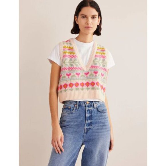 Boden Fair Isle Floral Sweater Vest Cream Pink Cottagecore Knit 51783 - Picture 5 of 15